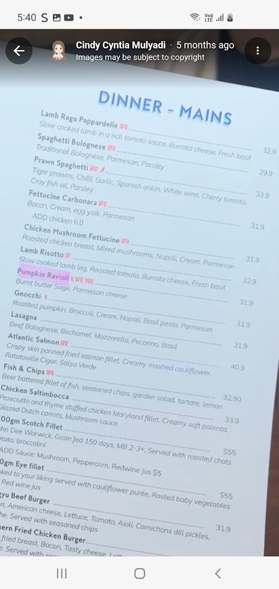 Menu, The Groove Train Chirnside Park
