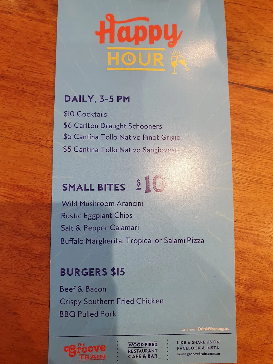 Menu, The Groove Train Chirnside Park