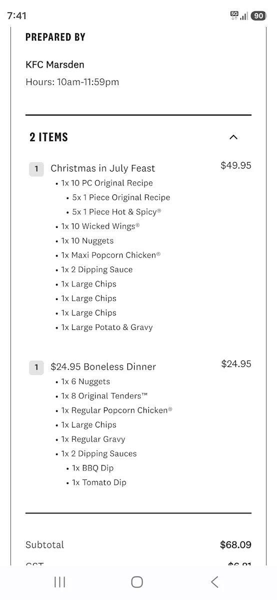 Menu, KFC Marsden