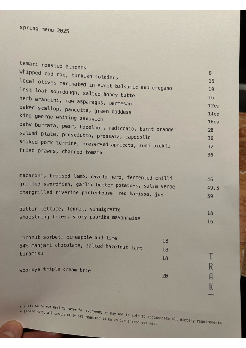 Menu, Trak Restaurant
