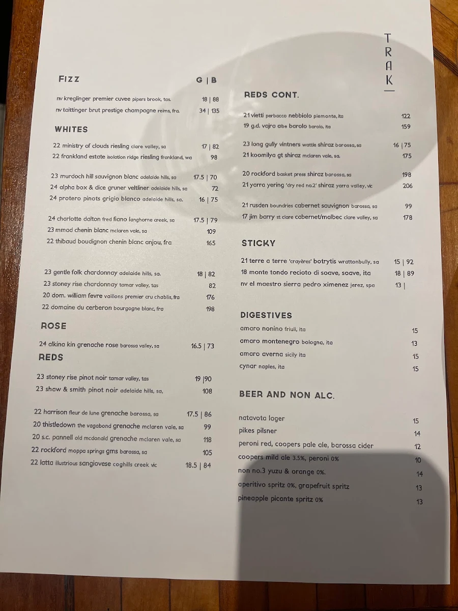 Menu, Trak Restaurant