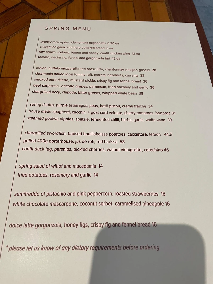 Menu, Trak Restaurant