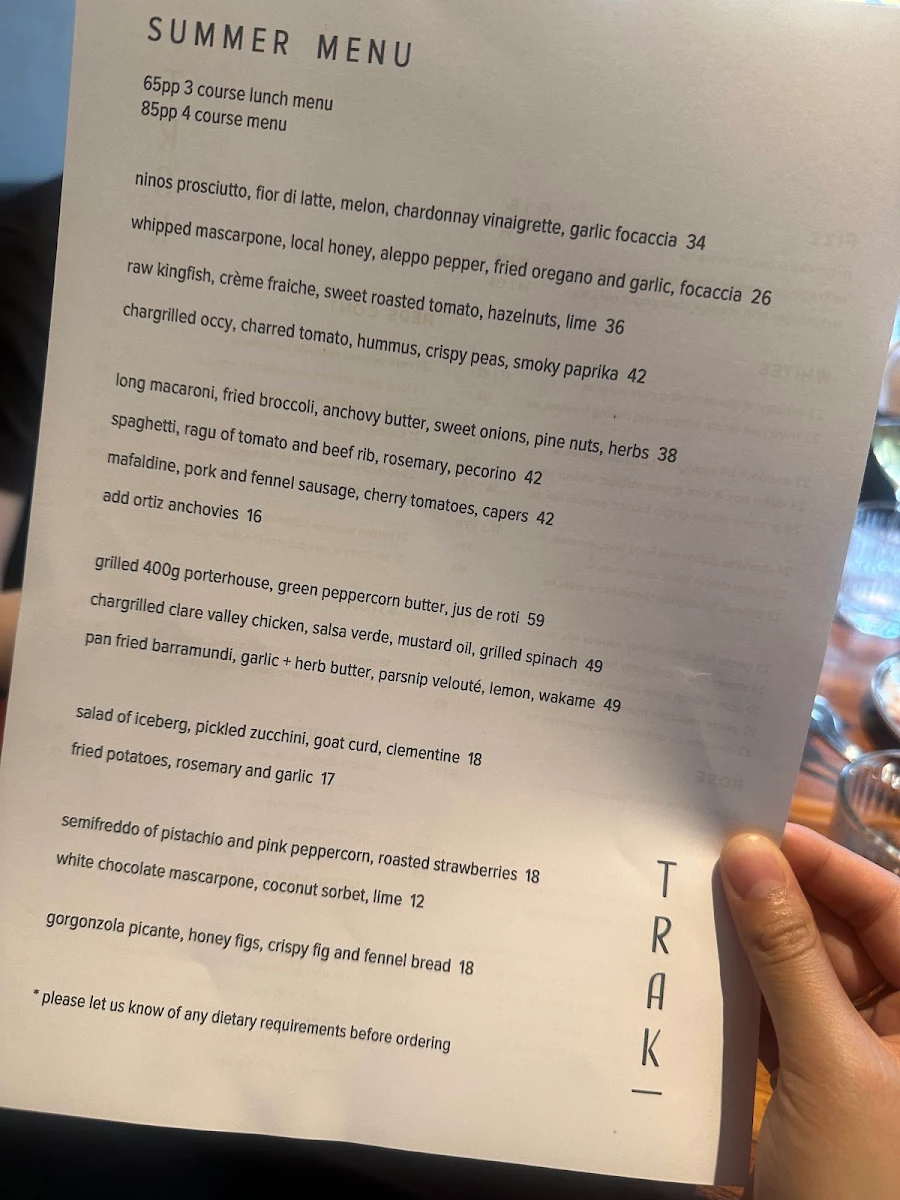 Menu, Trak Restaurant