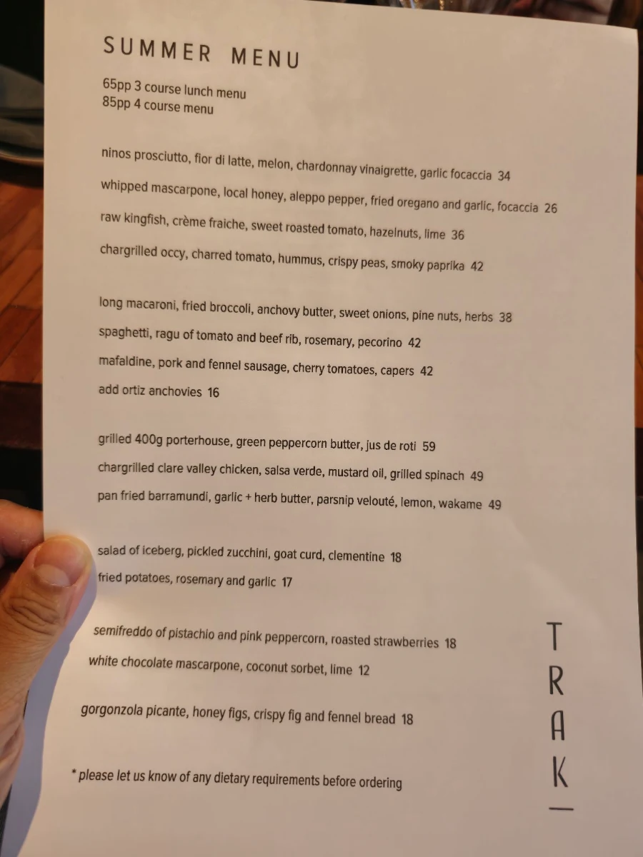 Menu, Trak Restaurant
