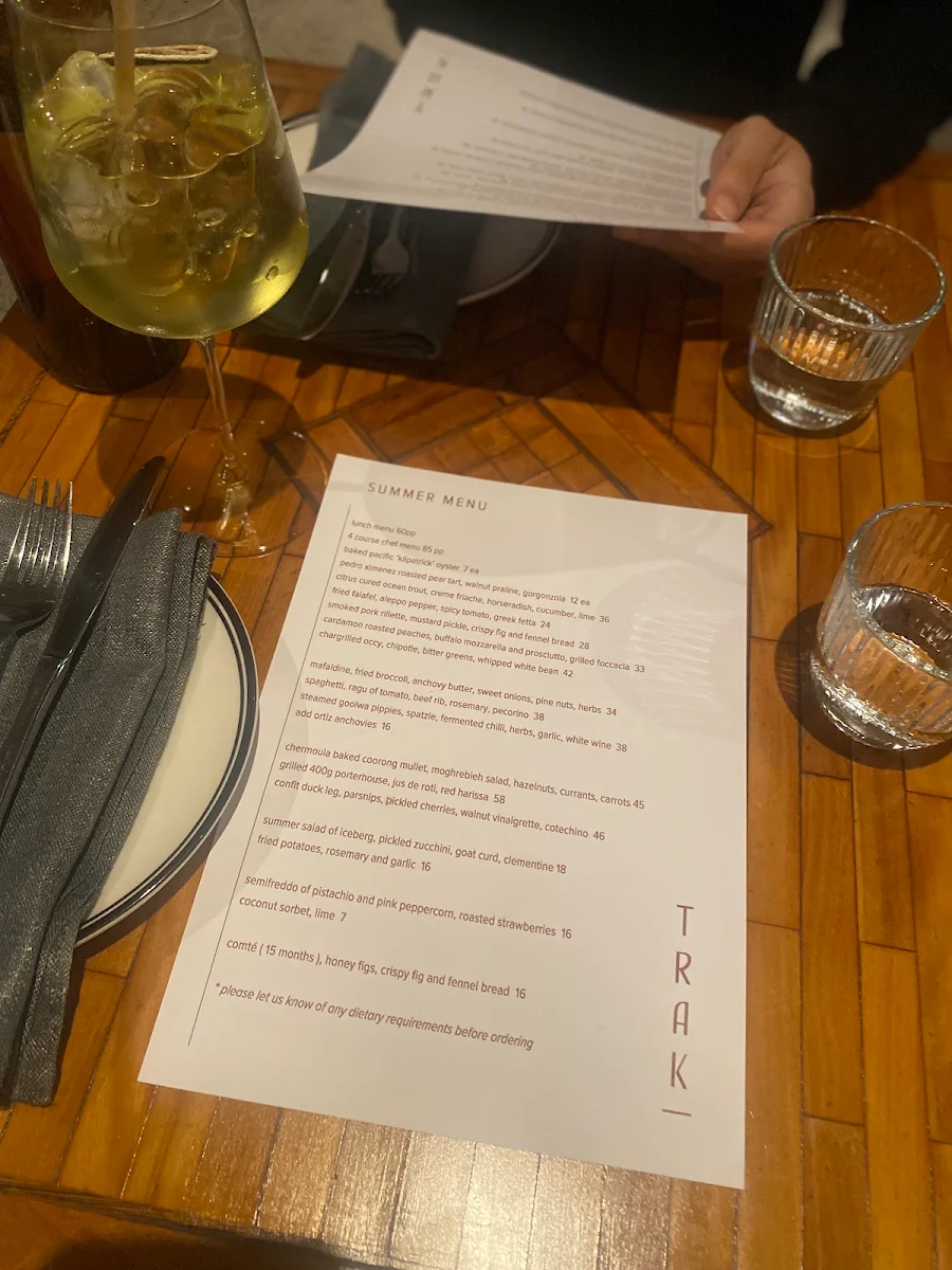 Menu, Trak Restaurant