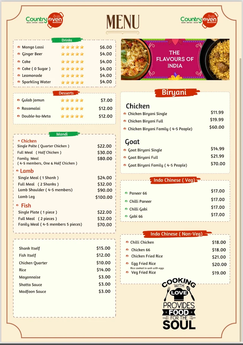 Menu, Country oven Indian restaurant