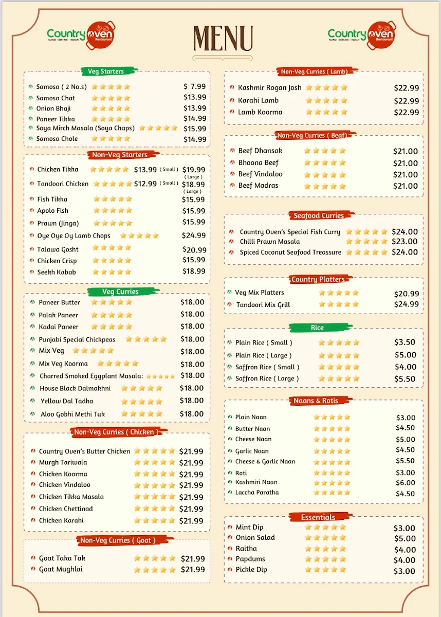 Menu, Country oven Indian restaurant