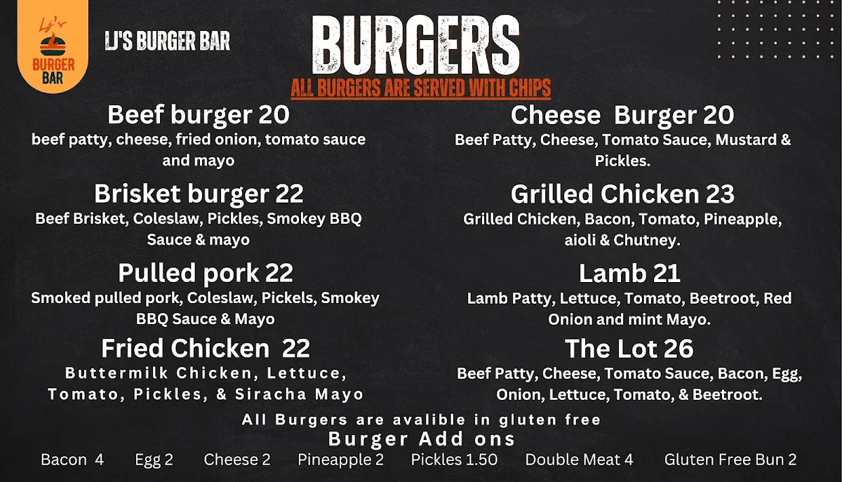 Menu, Lj's Burger Bar