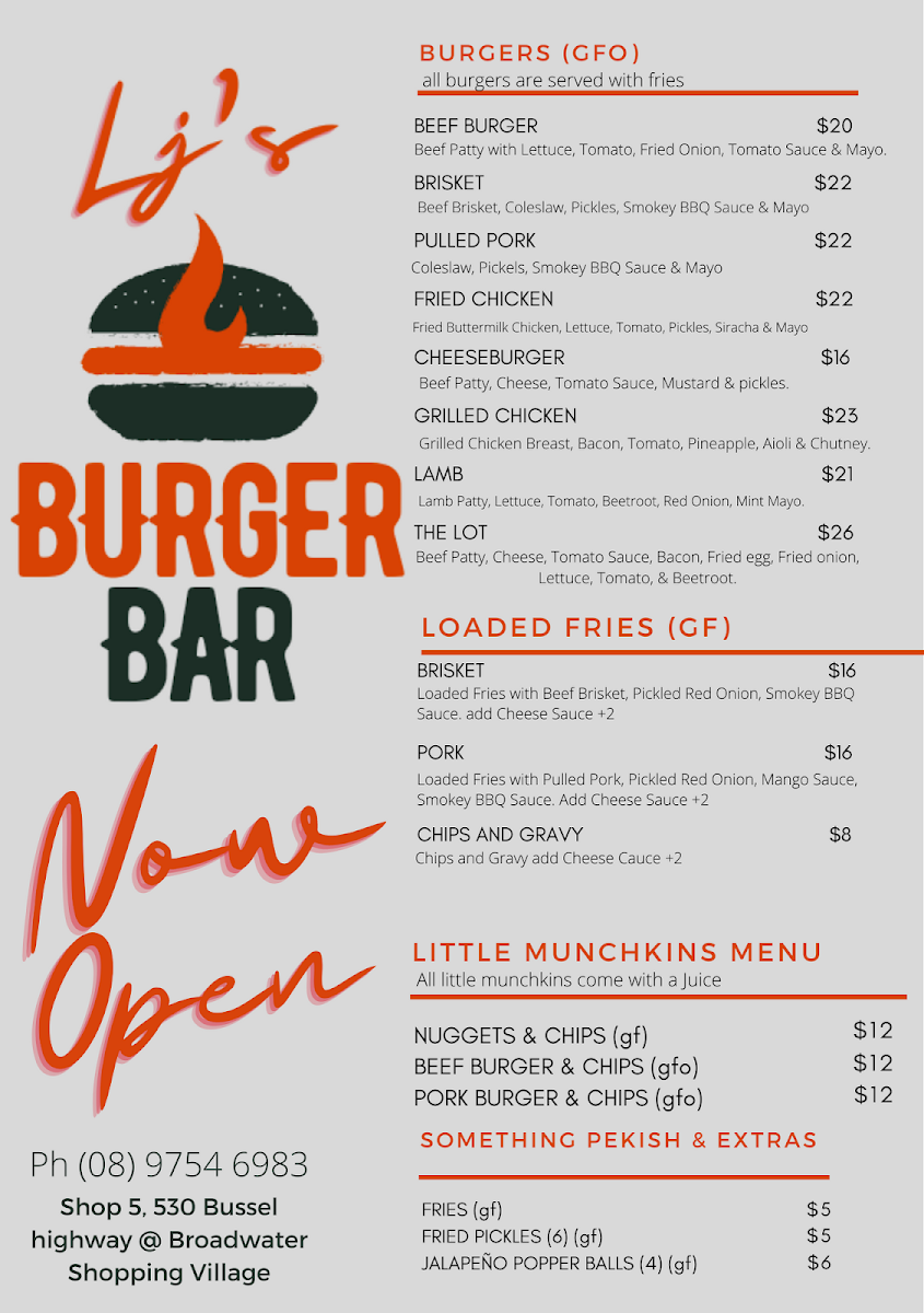 Menu, Lj's Burger Bar
