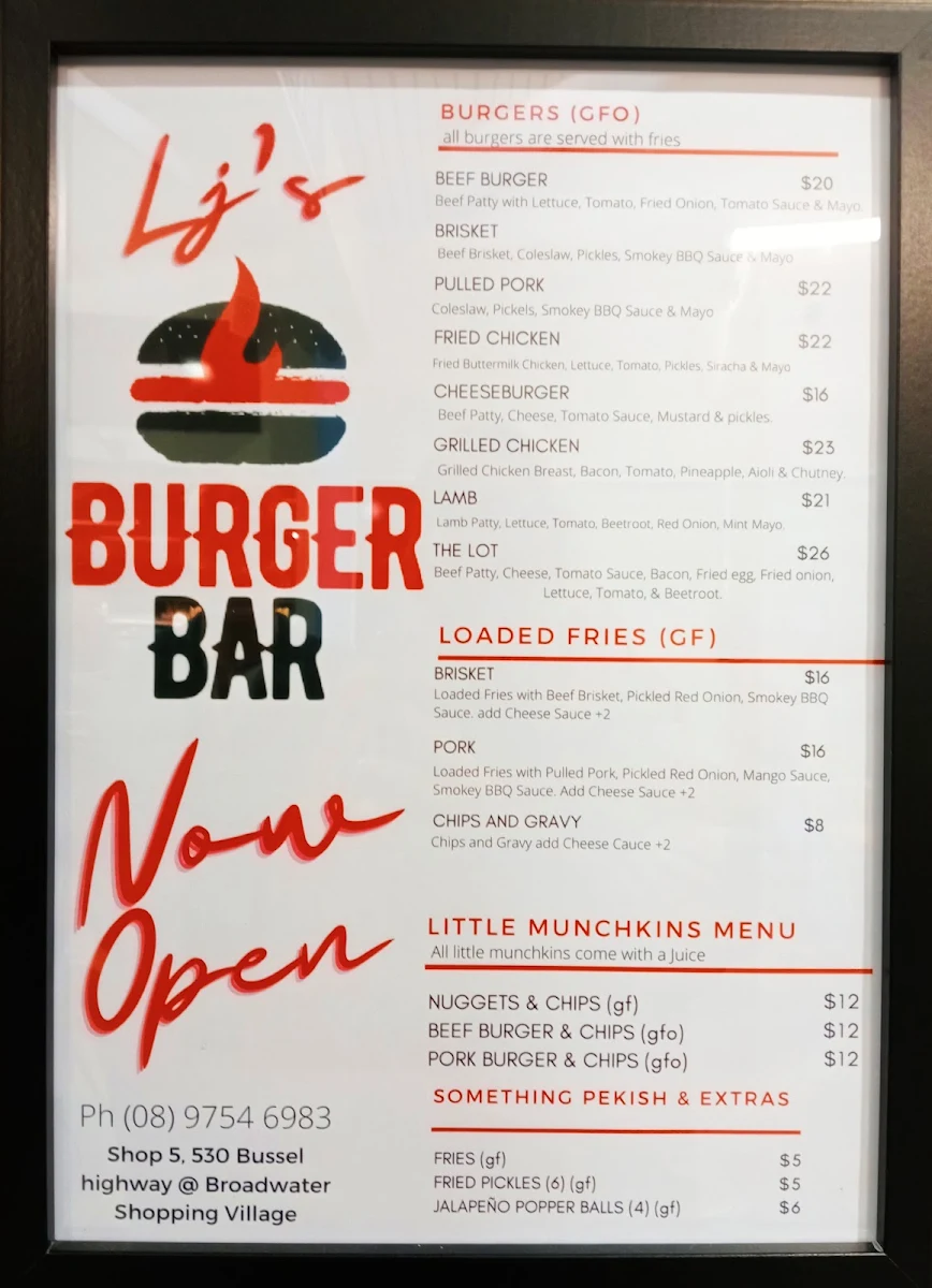 Menu, Lj's Burger Bar