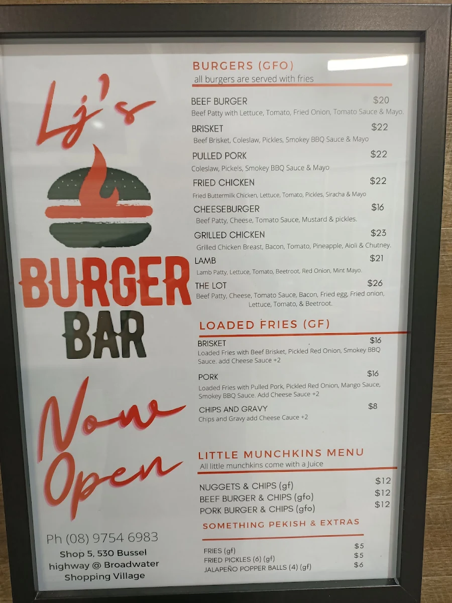 Menu, Lj's Burger Bar