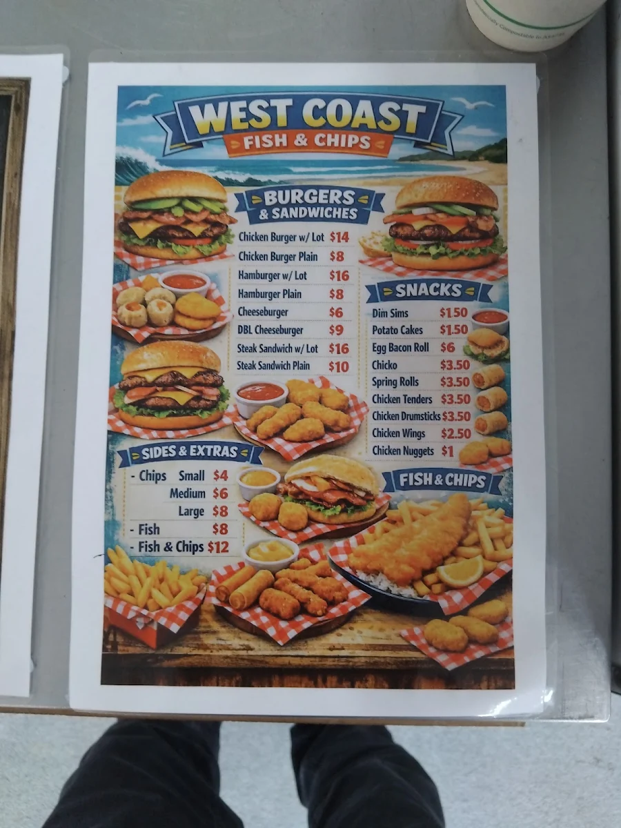 Menu, West coast fish and chips and coffee shop