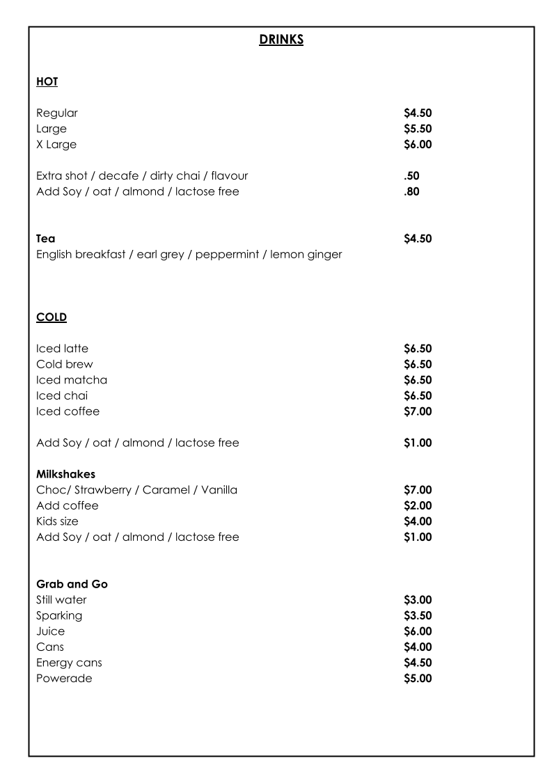 Menu, Unwined Lane Cove