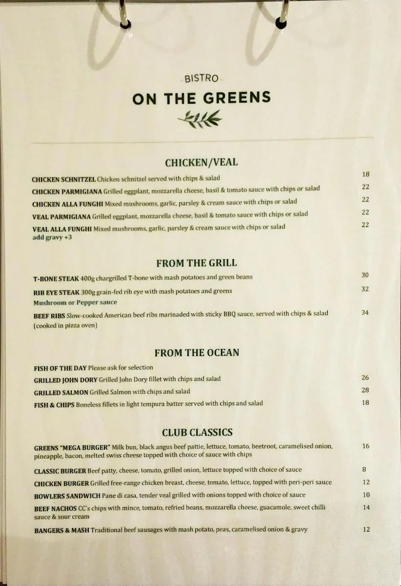 Menu, Bistro On The Greens