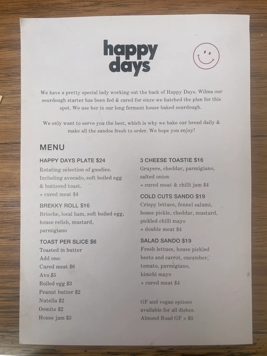 Menu, Happy Days