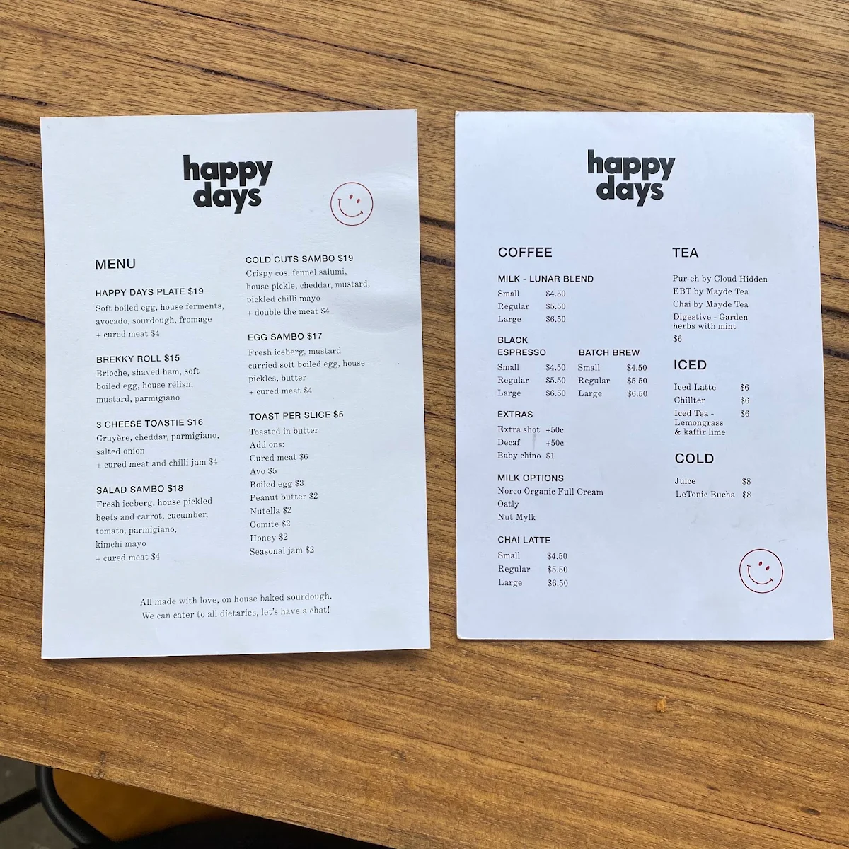 Menu, Happy Days