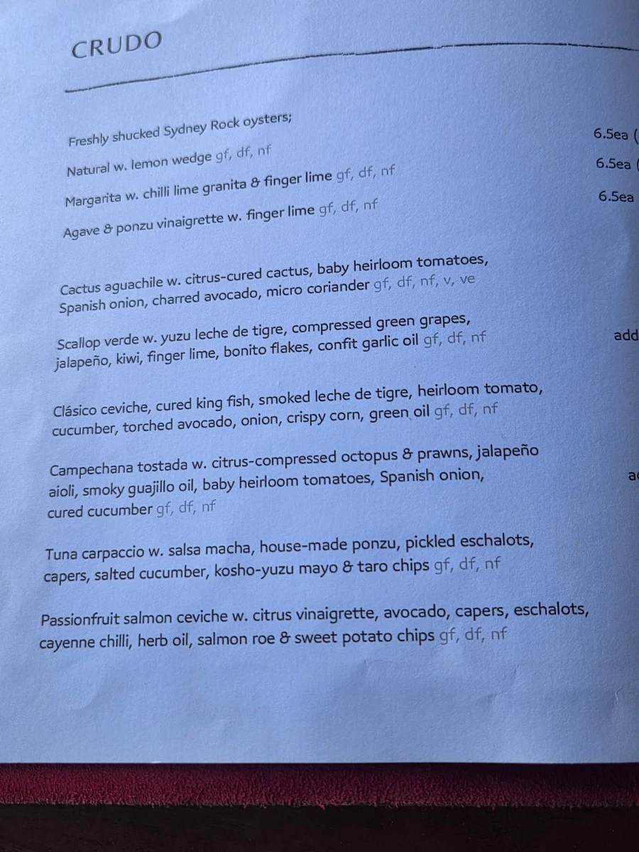 Menu, Alegre Bar and Dining