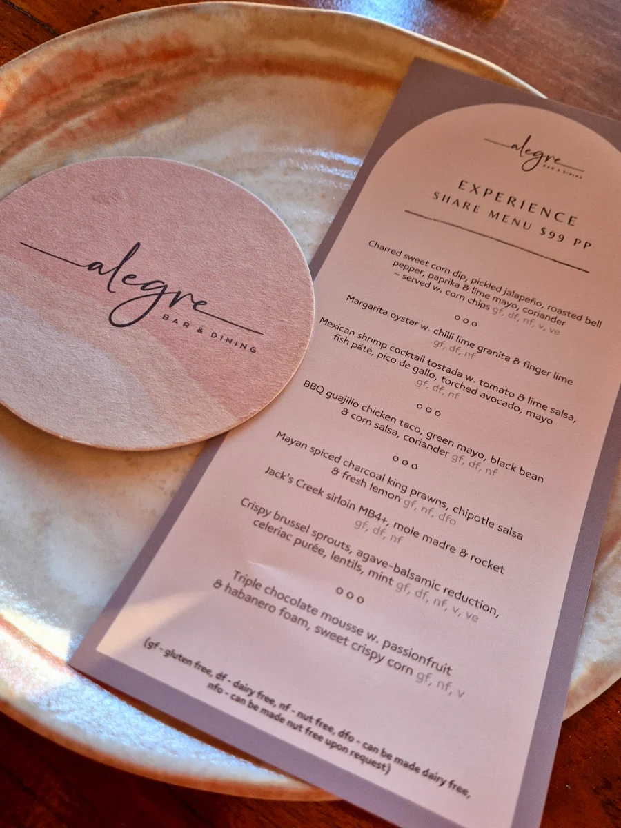 Menu, Alegre Bar and Dining