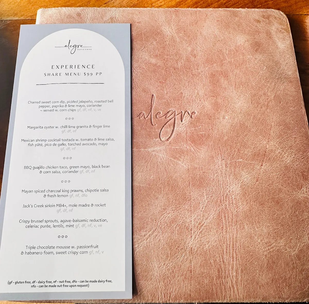 Menu, Alegre Bar and Dining