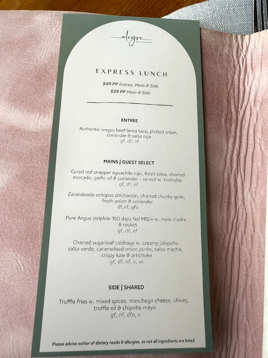 Menu, Alegre Bar and Dining