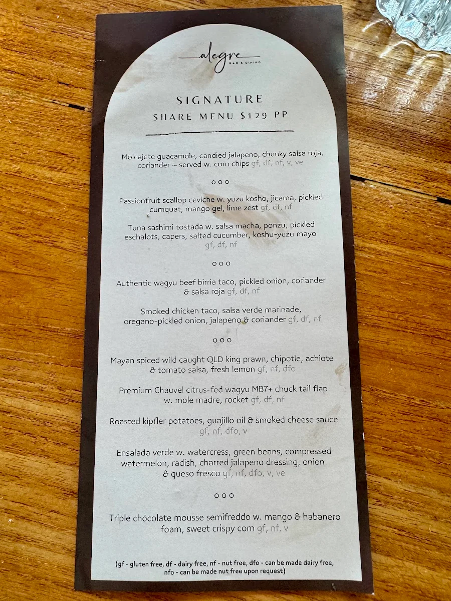 Menu, Alegre Bar and Dining