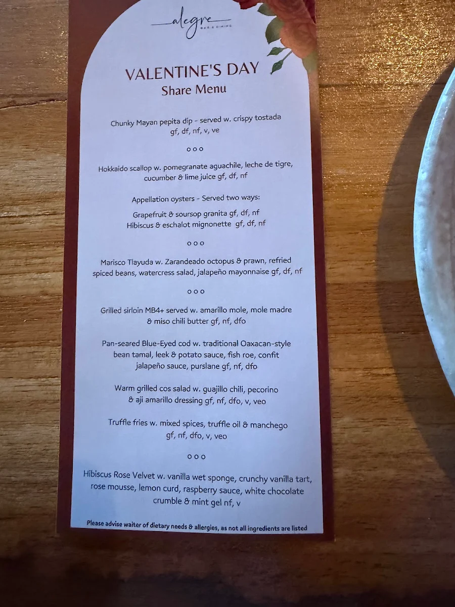Menu, Alegre Bar and Dining