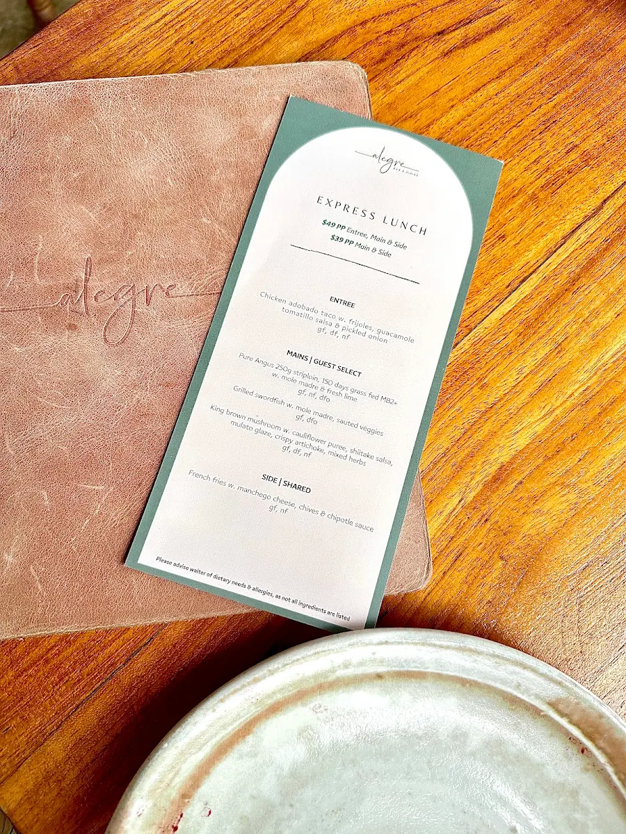 Menu, Alegre Bar and Dining
