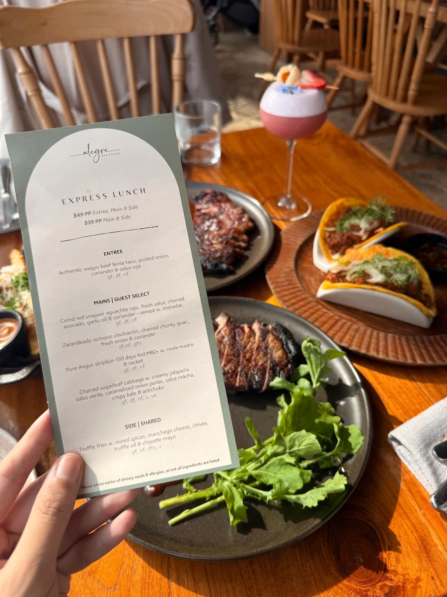 Menu, Alegre Bar and Dining