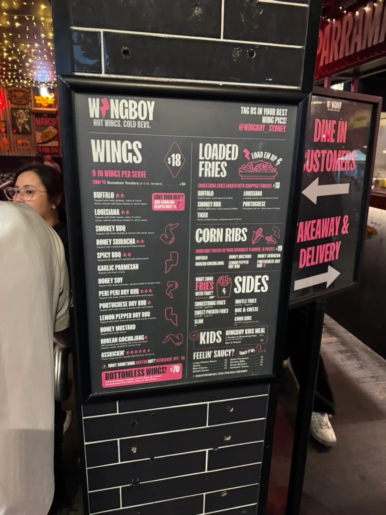 Menu, Wingboy Parramatta