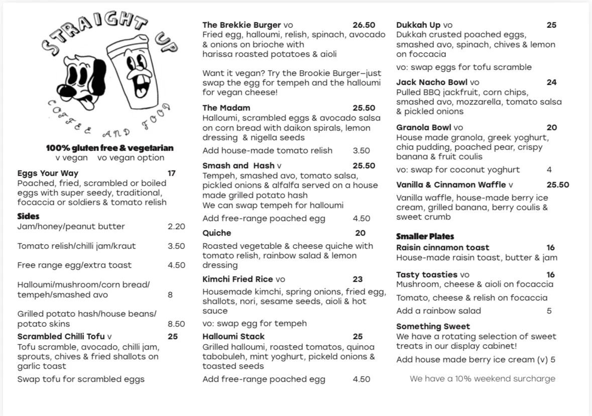 Menu, Straight Up Coffee and Food