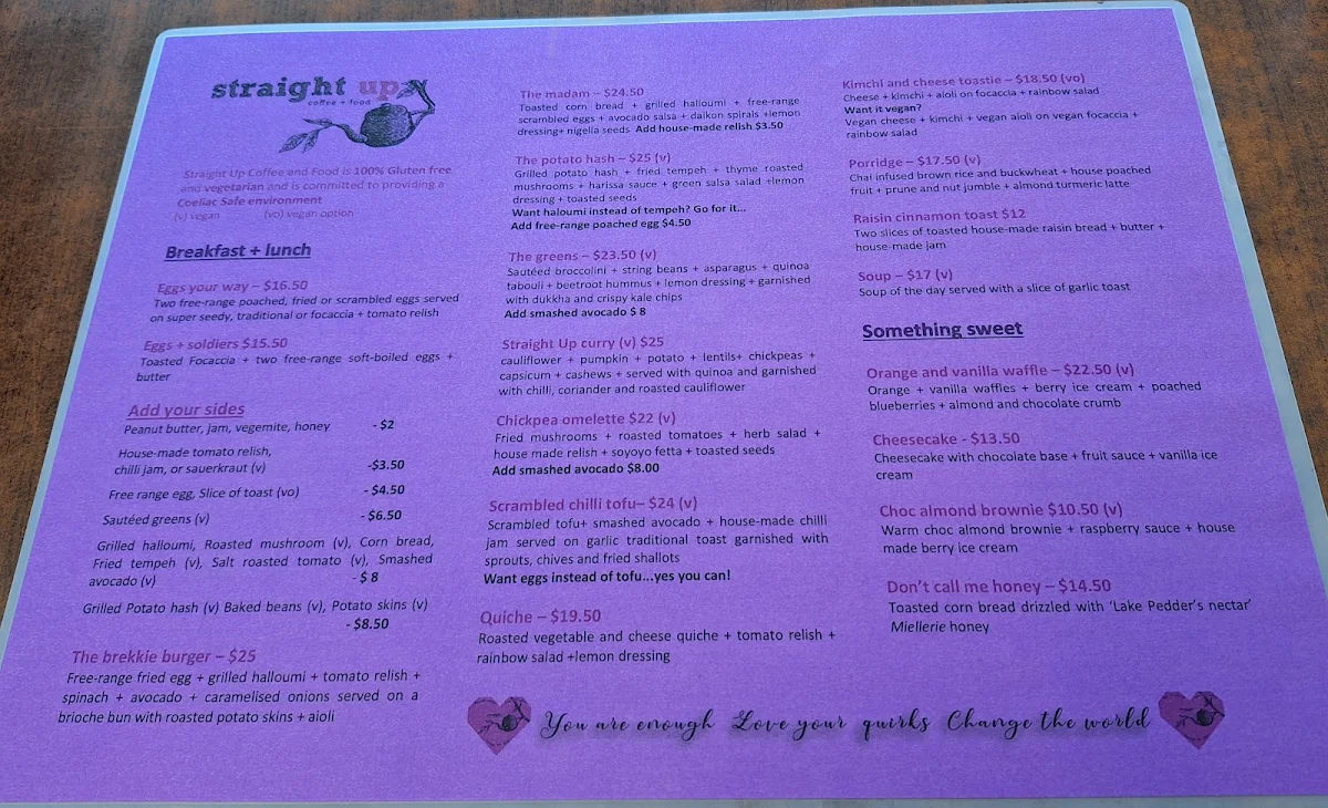 Menu, Straight Up Coffee and Food