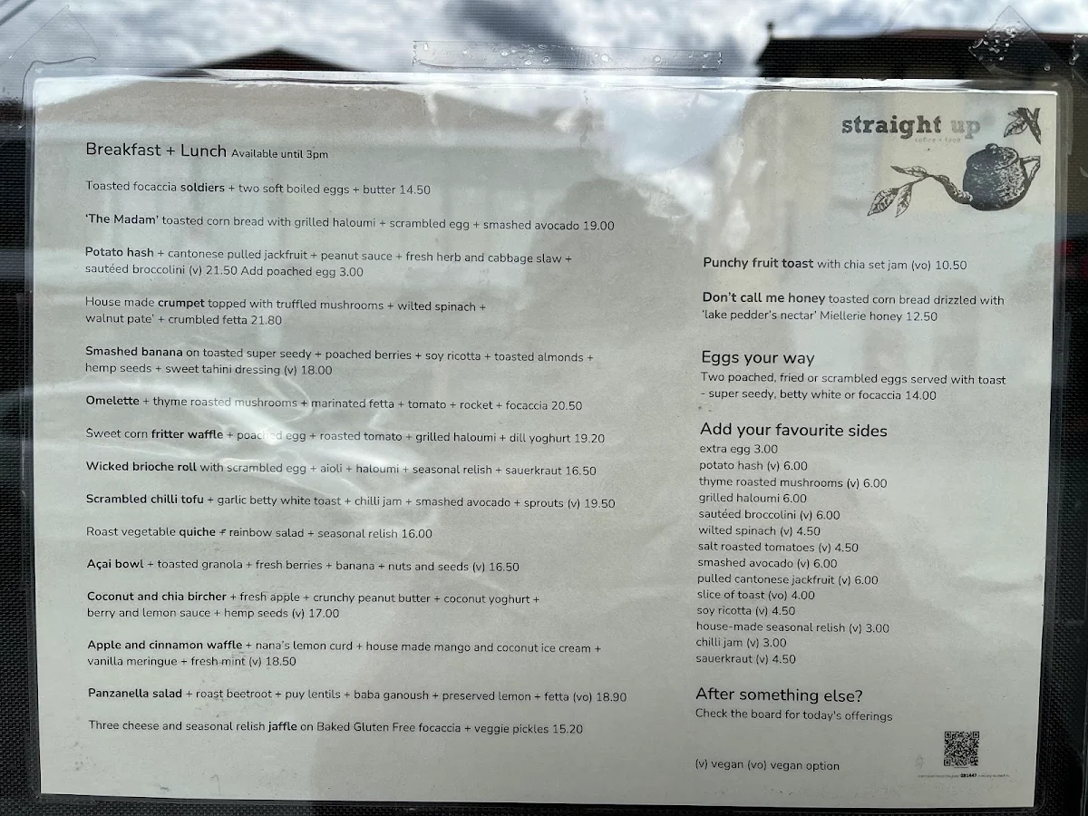Menu, Straight Up Coffee and Food