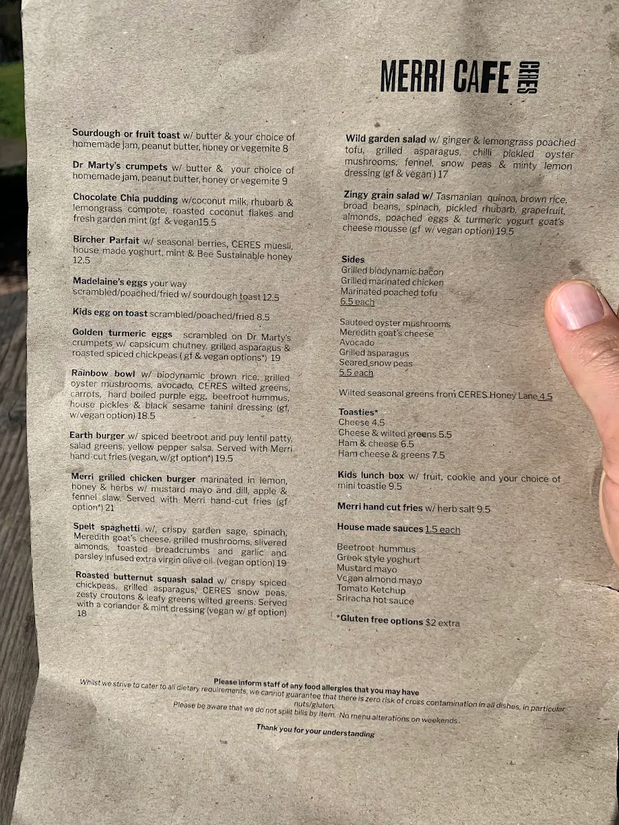 Menu, CERES Organic Cafe