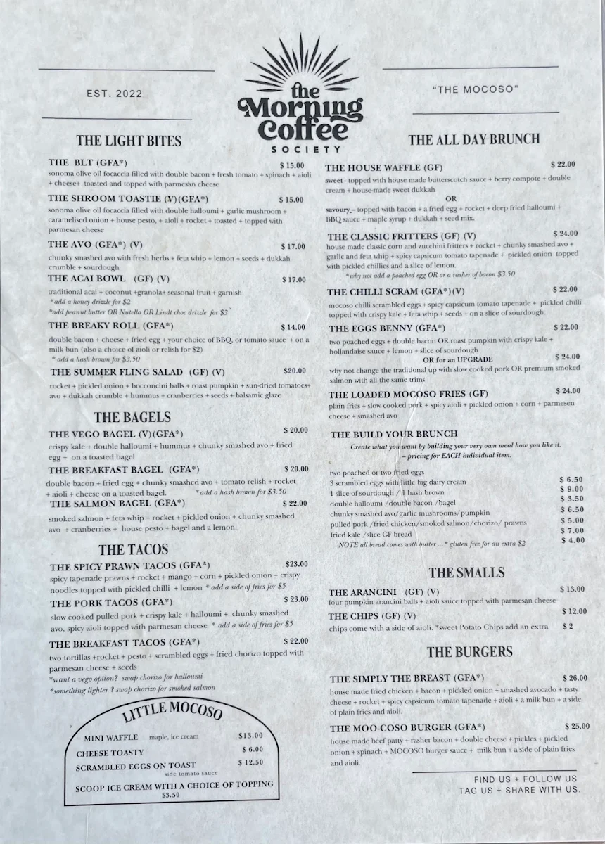 Menu, The morning coffee society