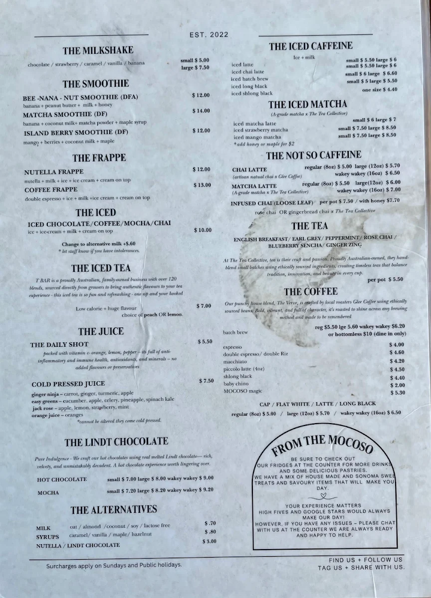 Menu, The morning coffee society
