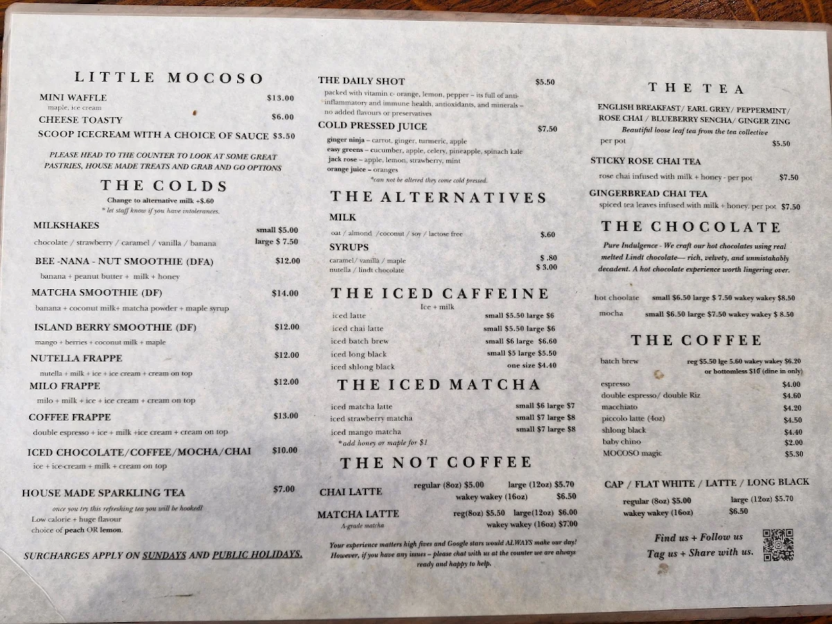 Menu, The morning coffee society