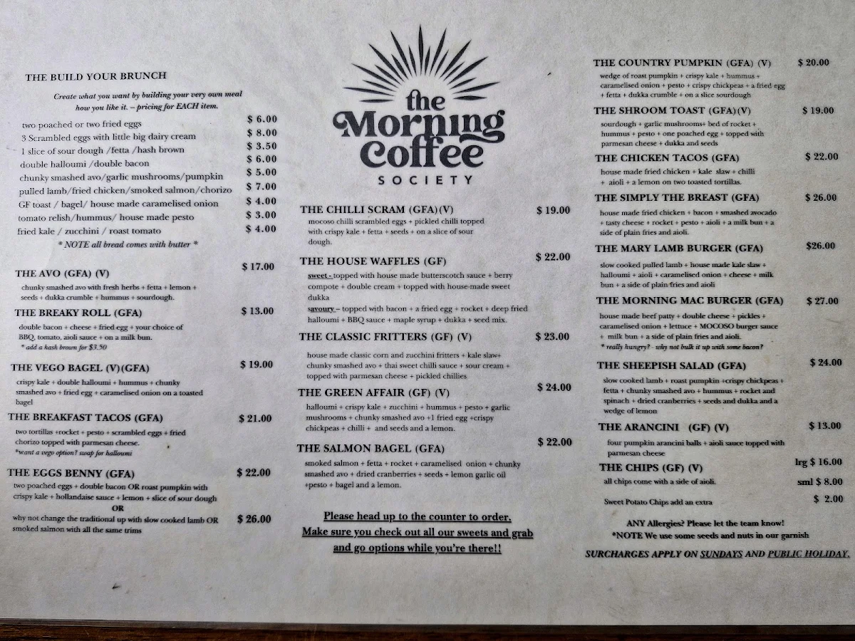Menu, The morning coffee society