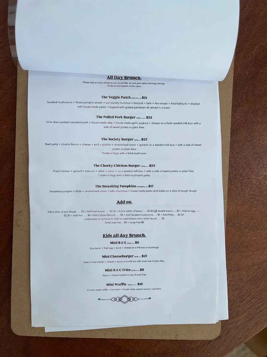 Menu, The morning coffee society