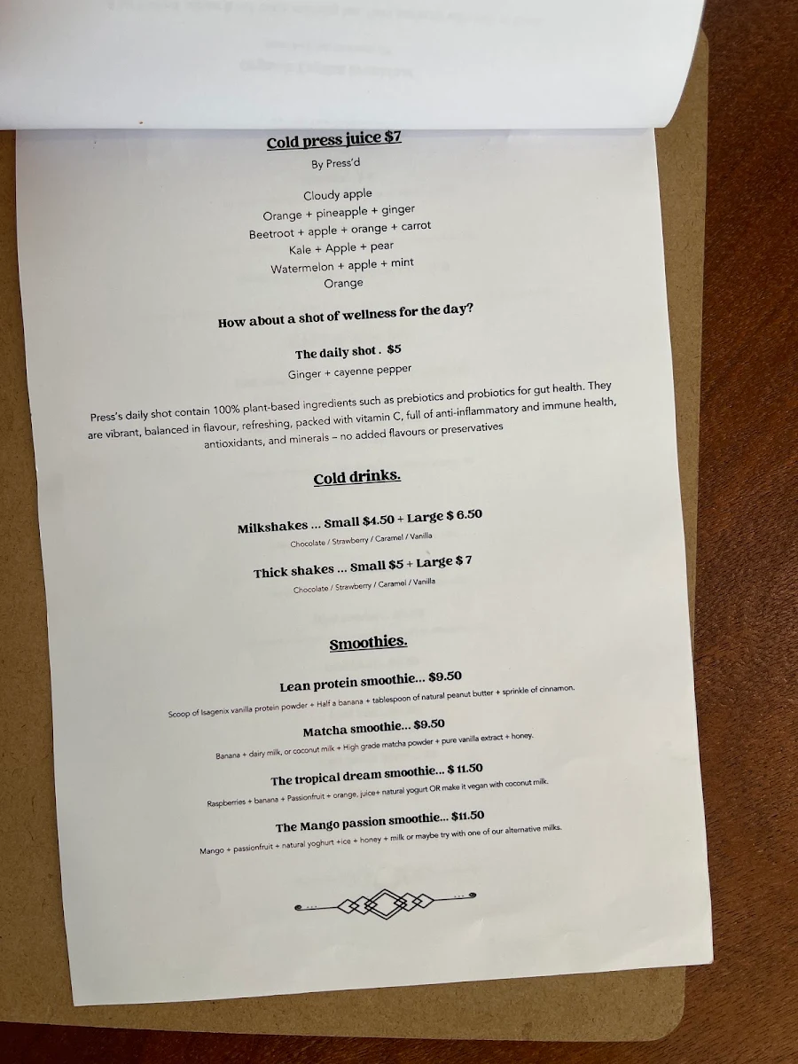 Menu, The morning coffee society