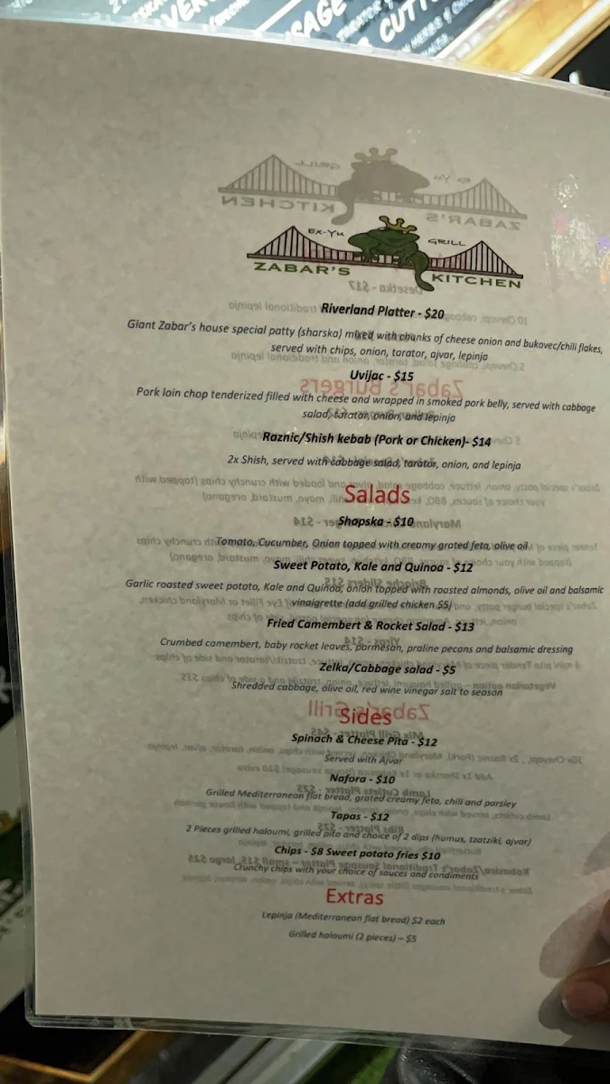 Menu, Riverland Brisbane