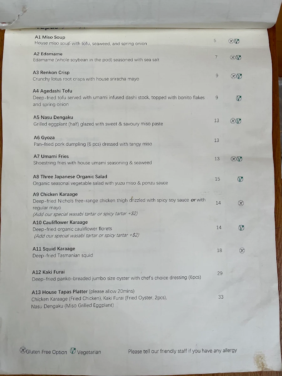 Menu, Three Japanese