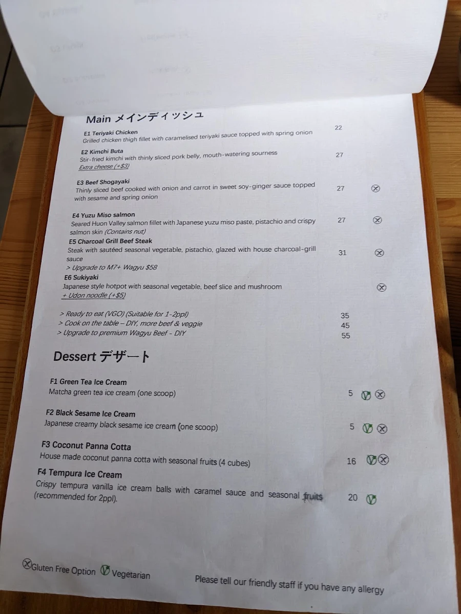 Menu, Three Japanese