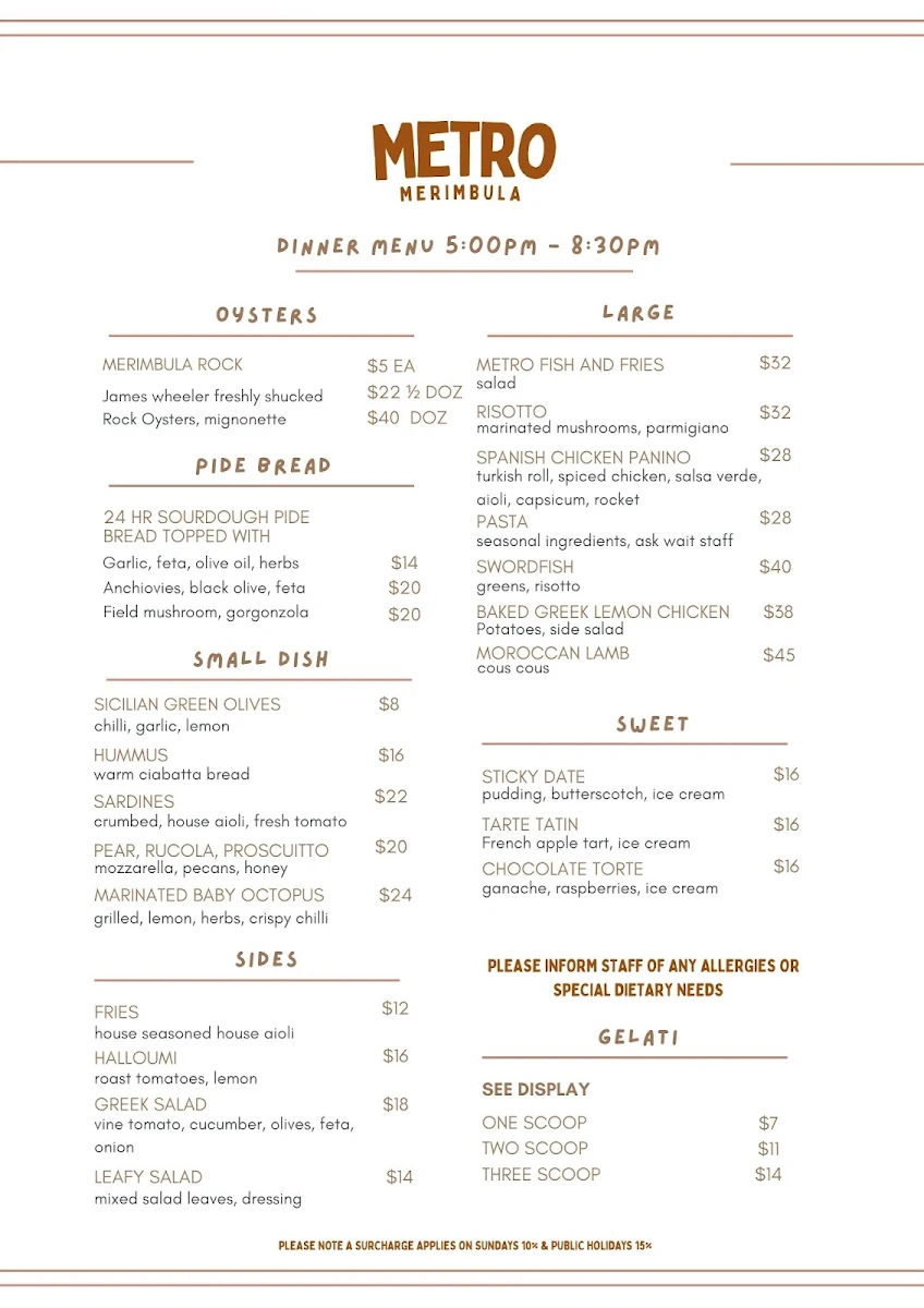 Menu, Metro Merimbula