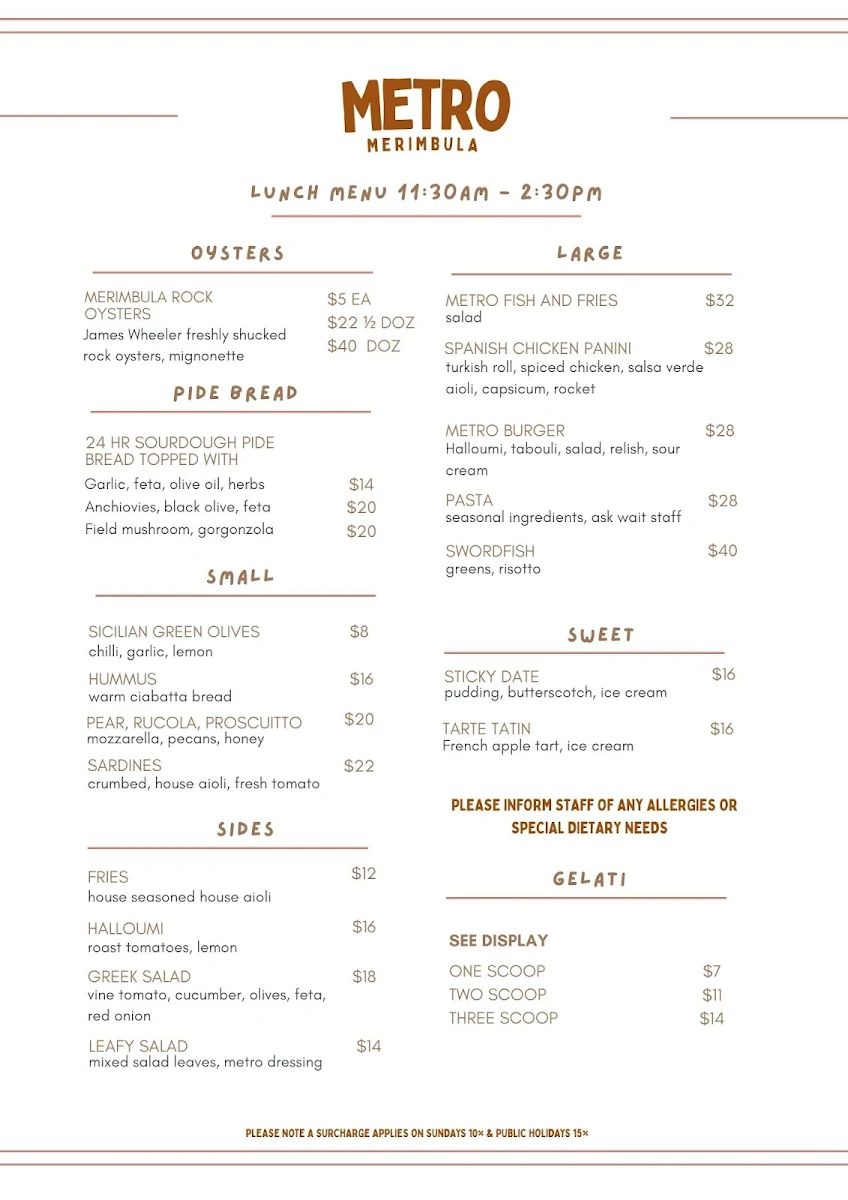 Menu, Metro Merimbula