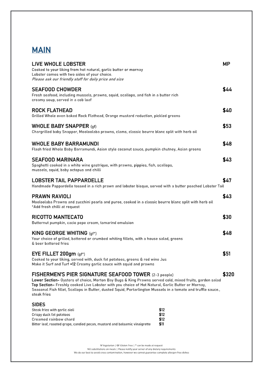 Menu, Fishermen's Pier