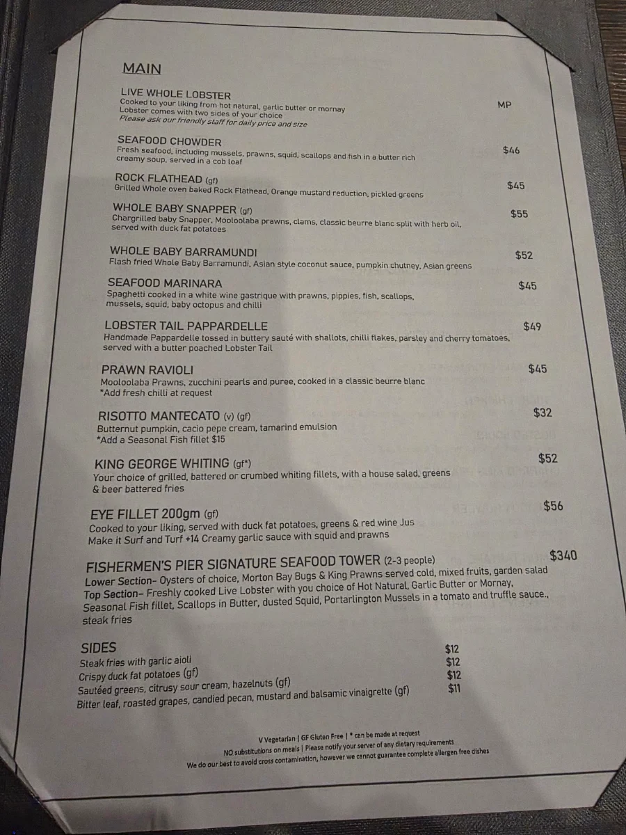 Menu, Fishermen's Pier