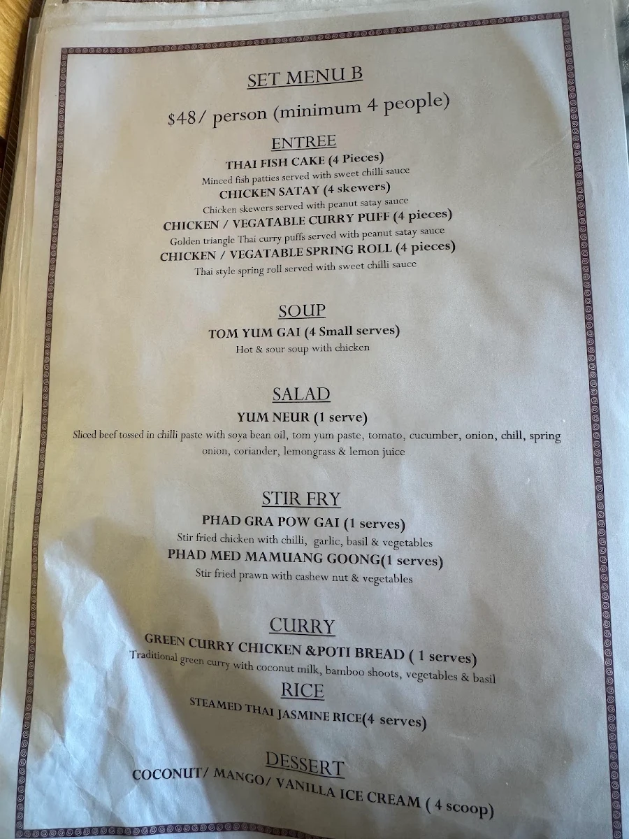 Menu, Rosebud Thai Restaurant
