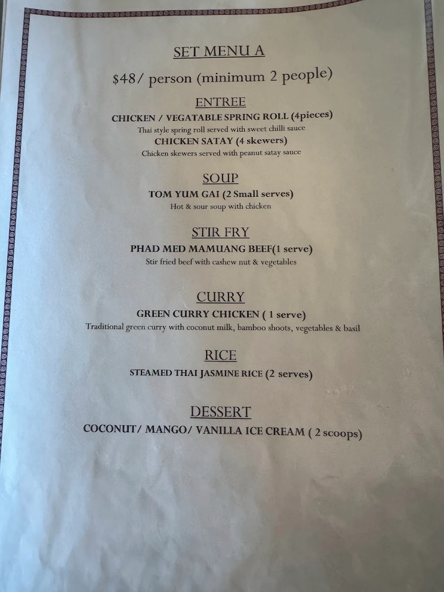 Menu, Rosebud Thai Restaurant