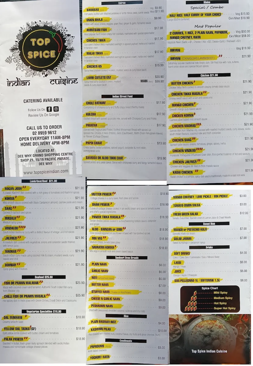 Menu, Top Spice Indian Cuisine