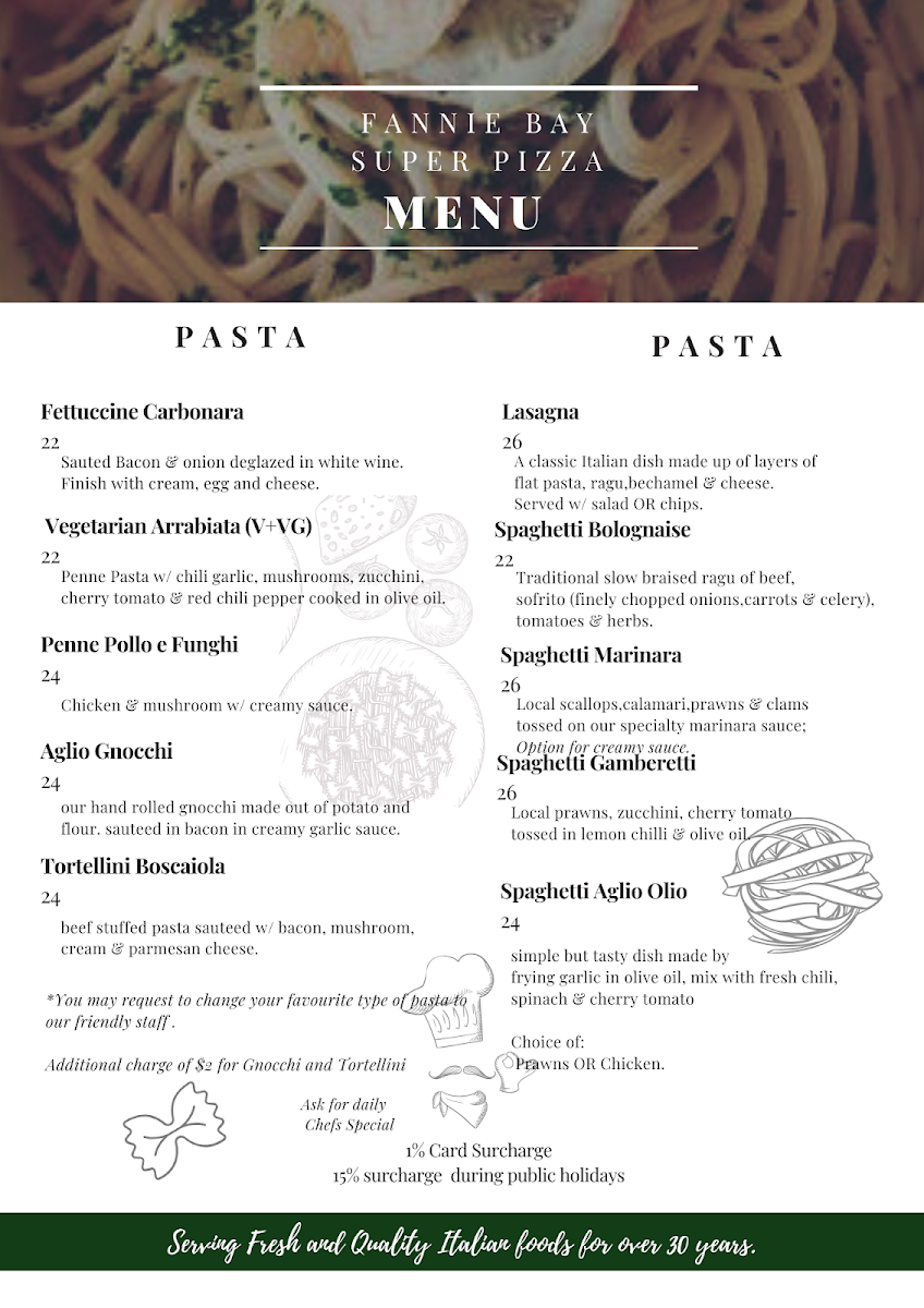Menu, Fannie Bay Super Pizza Italian Restaurant